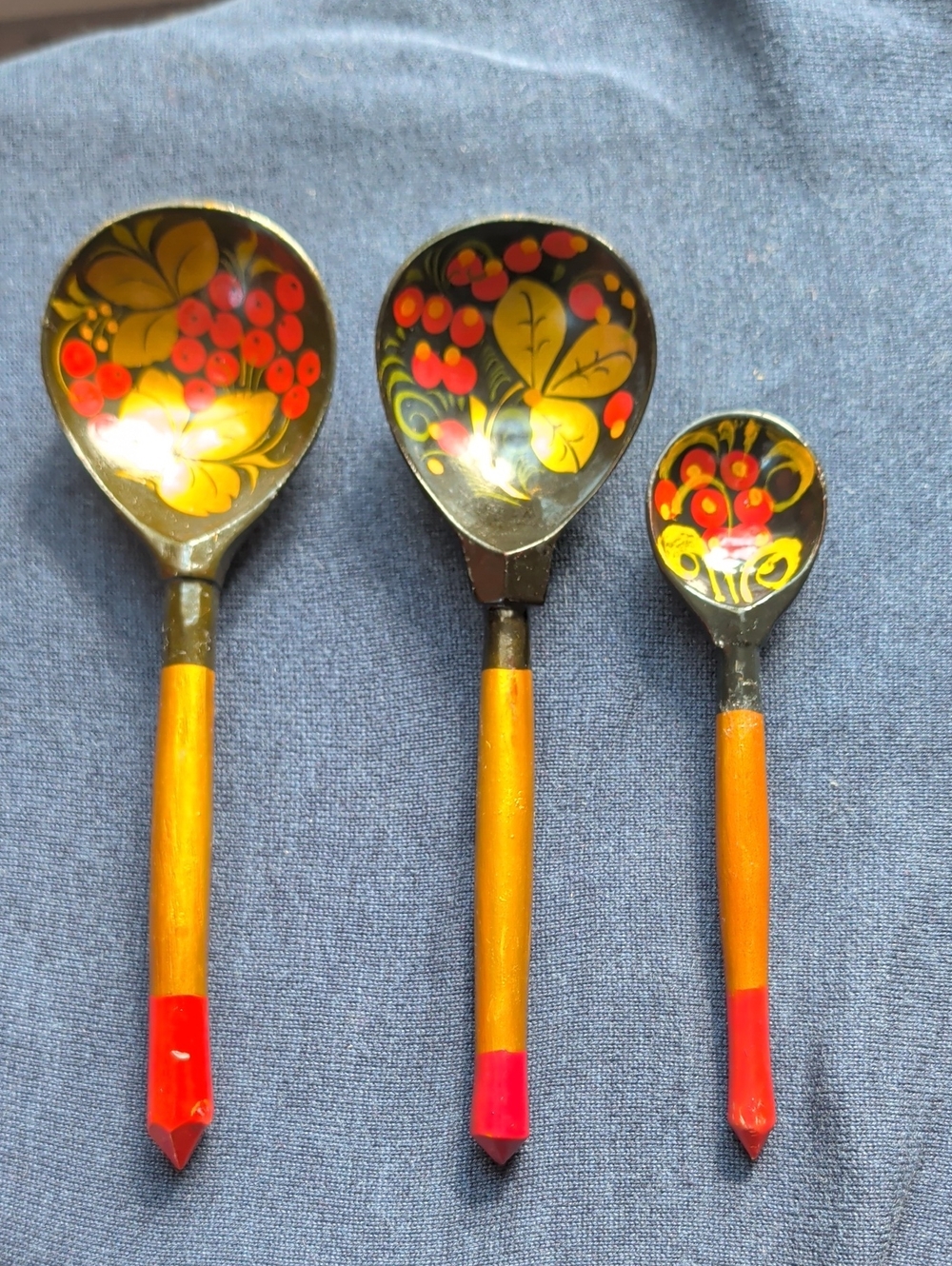 Hand-Painted Khokhloma Wooden Spoons  Set of 3  Black, Gold Red Russian Folk Art